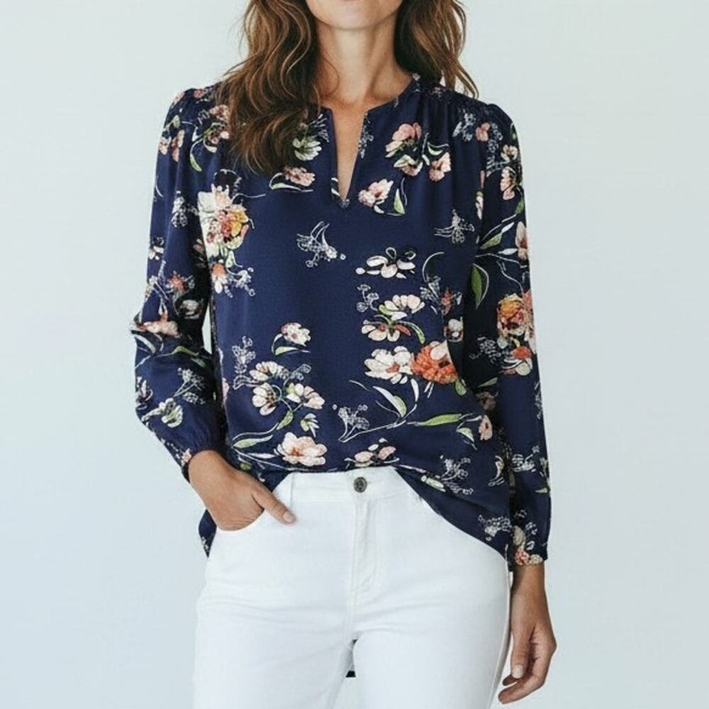 Fun 2 Fun Navy Blue Floral Print V-Neck Long Sleeve Blouse Women's Size XS NWOT